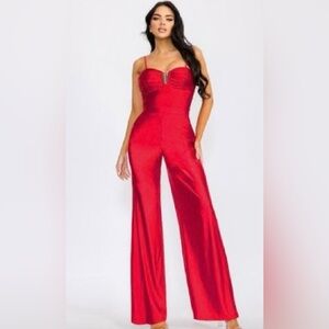 Gibiu Red Satin Solid Stretch Wide Leg Jumpsuit